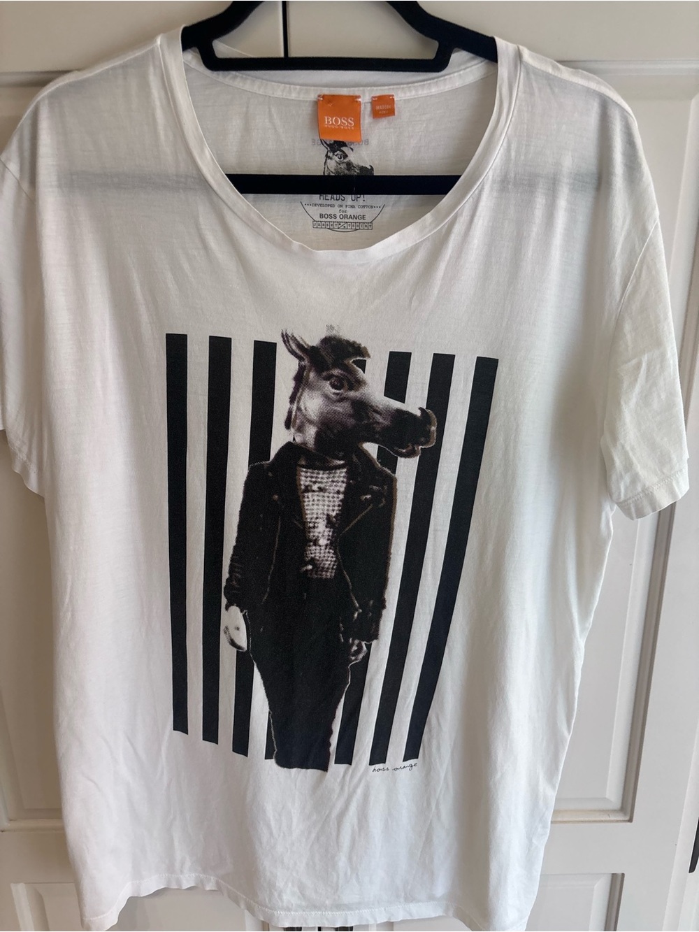 Hugo Boss White Short-Sleeve Tee with Black Horse-Head Graphic